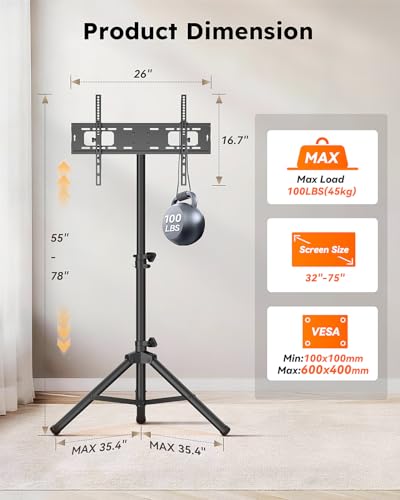Image of Portable Tripod TV Stand for 32-75 inch TVs, Heavy Duty Outdoor Height Adjustable Floor TV Stand with 15 Tilt for Flat /Curved Screens, Holds up to 100lbs, Max VESA 600x400mm