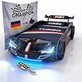 Coemo Autobett GTE Kinderbett 90x200 Rennwagenbett inkl. Rollrost, Sound Hupe Motor, LED-Leuchte Bett Farbe Schwarz Sportwagen-Design Spoiler