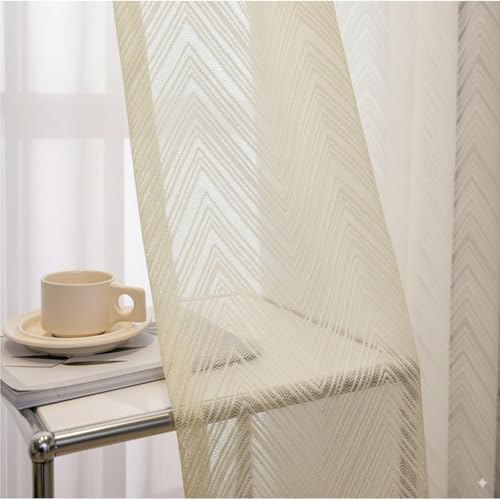 Image of Net Curtains Semi Transparent Sheer Zigzag Pattern Door Curtain 9 Feet Long Set of 3 Pcs, Window, Long Door, Living Room Parde, Cream Color