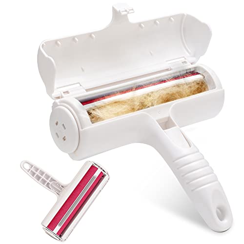 Rodillo removedor de pelo de mascotas para muebles, reutilizable, cepillo removedor de pelo de perro y gato, operación con una sola mano, sofá, ropa de cama y más (blanco + rojo)