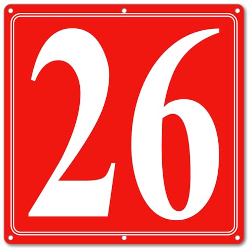 Image of Premium Aluminum Number Signs 26, Metal 12 inch X 12 inch Red Numbered Signs Outdoor for Parking Lots, Floor, Dock, Court, Aisle, Field, High Visibility, No Fade, Weather-resistant