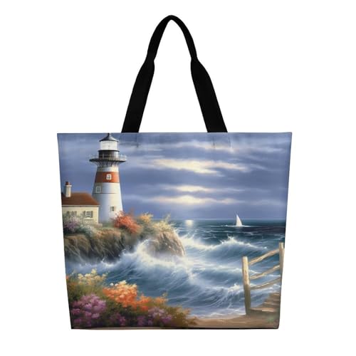 Women's Multi-Functional Shopping Bag，Lighthouse Diamond Painting Printing Messenger Bag Shoulder Bag for Travel, Work, Shopping & Parties with Inner Pocket, Grocery Bag Lightweight & Water-Resistant2