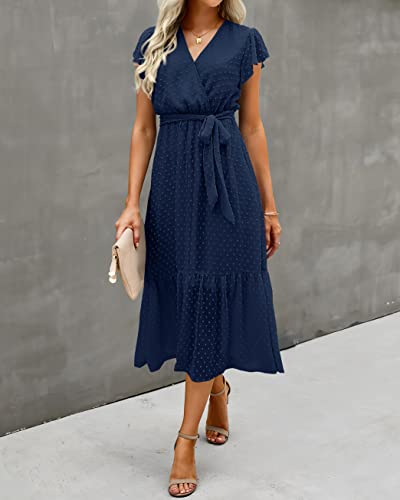 Image of BTFBM Women Summer Bohemian Floral Casual Wrap V Neck Ruffle Cap Sleeveless Belt A-Line Pleated Hem Midi Sun Dress White