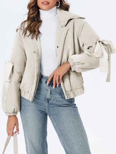 Tankaneo Women's Beige Bow Puffer Jacket: The Perfect Winter Layer for Style and Warmth - Image 2
