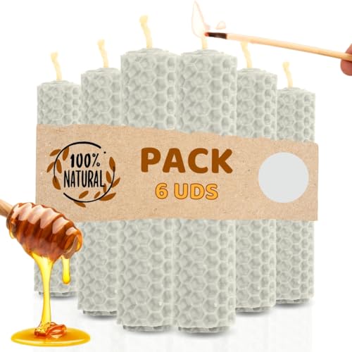 Velas de Miel de Abeja para Rituales 100% Natural Española Cera Pura - Hechas a Mano - Origen España - SIN PARAFINA (6 Velas de Miel Blancas, 10 cm x 2 cm)
