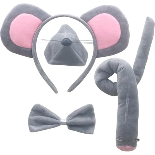 ネズミコスチュームセット 鼠耳 ヘッドバンド テール 人工鼻 アニマル ファンシードレス コスチュームキット ドレスアップ 誕生日 クリスマス パーティーデコレーション用 4点セット（Amazon）