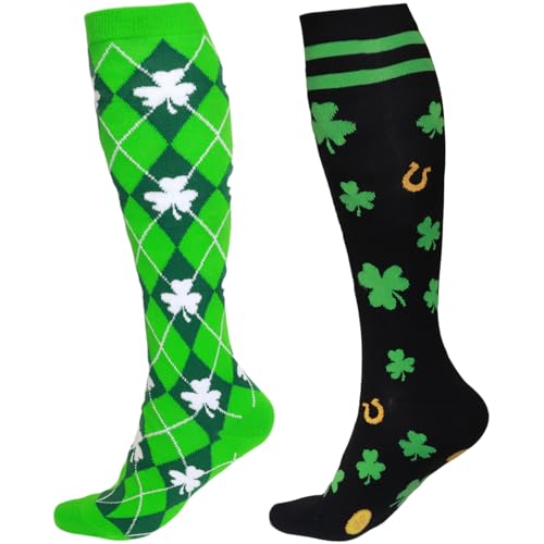 Fancy Land 2 Pairs St Patricks Day Socks for Women Men Knee High Irish Green Shamrock Compression Socks for St Patricks Day Gifts Costume Accessories Running