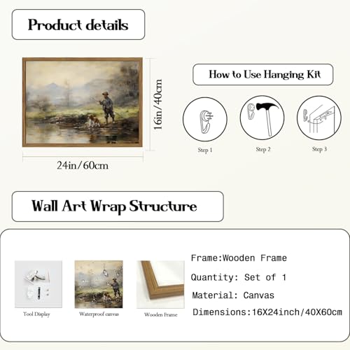 Image of Vintage Wall Art, Boy Fishing Wall Decor Paintings, Dog and Boy Landscape Canvas Prints Nature Country Farmhouse Artwork for Bedroom Living Room 24x16 inch Wood Framed