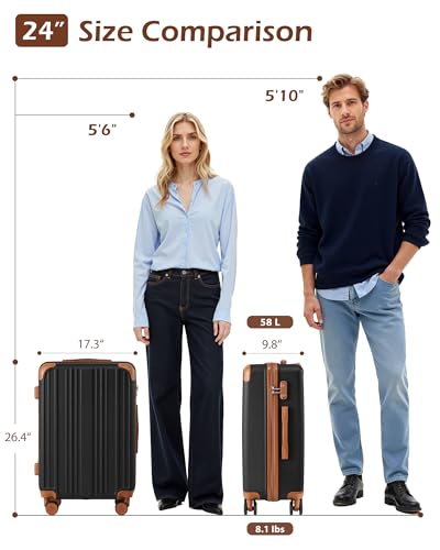 Image of Coolife Luggage, Suitcase with Durable and Lightweight, Checked Luggage with ABS Hardshell, Dual Spinner Wheels, TSA Lock, and YKK Zipper (apricot black, M(24in))