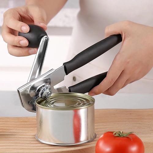 Manual Can Opener Heavy Duty Smooth Edge - Bottle Opener Combo for Seniors Adults, Stainless Steel Kitchen Camping Tool, Safe Easy to Use, Black