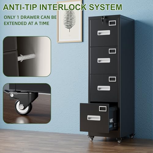 Image of Aobabo 4 Drawer Metal File Cabinet with Lock and Wheels, Black