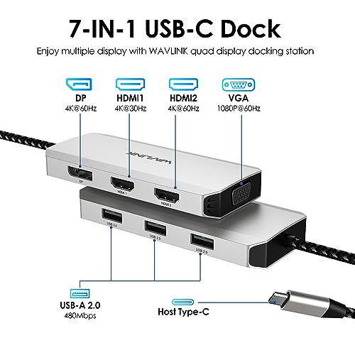 Adaptateur USB C à Double HDMI 4K 60Hz, Station d'accueil USB C 7 en 1 avec 2 Hub HDMI Displayport VGA, Répartiteur USB C 4 écrans étendus, Adaptateur USB C Multiport sur MacBook/Dell/HP/Lenovo Dongle