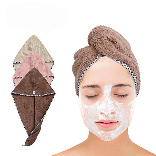 3 Pack Hair Towel Wrap, UUJOLY Microfiber Hair Towel Wrap for Women, Super Absorbent Hair Drying Towel Wrap （Pink & Brown & Khaki）