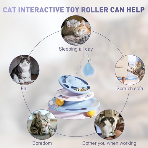 SUPERPAWS Rolo de brinquedo interativo 2 em 1 para gatos, toca-discos de 3 níveis, bola de brinquedo