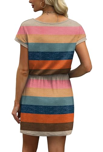 Image of OFEEFAN Summer Dresses for Women 2026 V Neck T Shirt Casual Mini Dresses Tie Waist Sundresses with Pockets