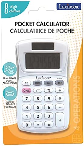 Lexibook - 8 Digit Pocket Calculator - Basic and Memory Function - Soft Silicone Keys for Office, School, Home - Solar & Batteries - White/Gray - C208