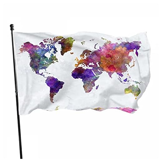 Karta flagga 90 x 150 cm polyester värld färgglad jord geografi global regnbåge vacker resa akvarell för veranda uteplats bondgård gård dekor