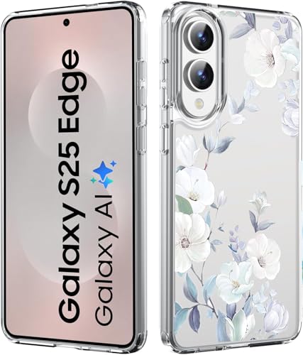 Image of Elzzi Clear Transparent Flower Cover for Samsung S25 Edge Shockproof Floral Design Camera Protection Shockproof PC+TPU Transparent Flower Cover for Girls & Women (Blue)