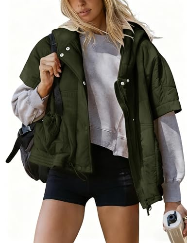 Zhiyouni Women's Quilted Puffer Vest Casual Hooded Short Sleeves Padded Jacket Poncho Outerwear