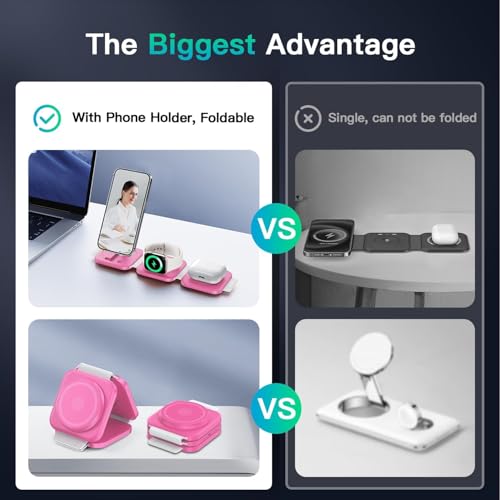 Image of 3 in 1 Magnetic Wireless Charger, Fast Charging Station for iPhone 17 /16 /15 /14 /13 /12 Series, Travel Charger for Multiple Devices for AirPods 4 /3 /2 /Pro, Charging Stand for Apple Watch Series (Pink)