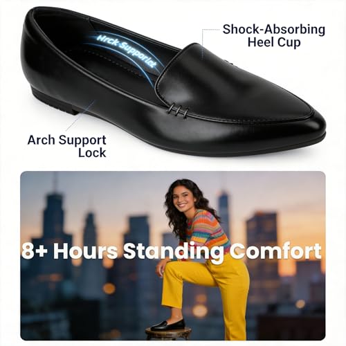 Image of MUSSHOE Pointed Toe Flats for Women, Comfortable Business Casual Work Shoes, Slip On Loafers with Arch Support, Office Walking Flats for All Day Standing