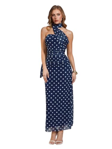Milumia Women's Polka Dots Formal Work Wedding Guests Halter Maxi Dresses