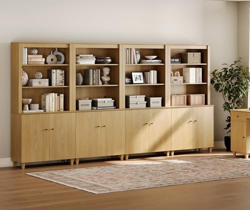 Image of WAMPAT 71 inch Tall Bookcase with Doors & Storage Cabinet, 4 Column Modern 5-Tier Bookshelf with Adjustable Shelf, 142 inch Wide Wooden Display Book Shelf for Home Office, Living Room, Bedroom, Oak