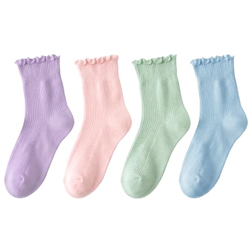 Image of Women Ruffle Socks, Cute Ankle Crew Socks for Women, 4 Pairs Frilly Womens Socks Size 5-9