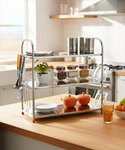 Image of AMOL Premium Stainless Steel 3 Layer Kitchen Shelf Rack | Rust-Proof Wall Mount Utensil Organizer with Glass & Spoon Holder