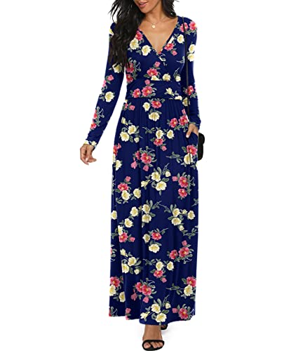 Image of LILBETTER Women Long Sleeve Deep V Neck Loose Plain Long Maxi Casual Dress