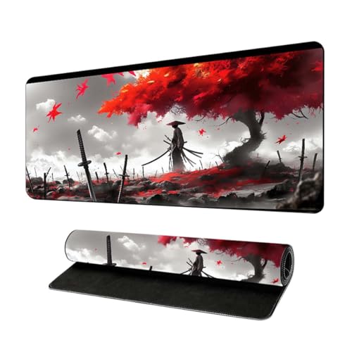 HABNI Alfombrilla Ratón Gaming 1 Unidad Xxl 80X30X0.2 Cm, Diseño Japonés Colores Negro Blanco Rojo, Bordes Cosidos, Superficie Impermeable Antideslizante, Para Pc Macbook Portátil