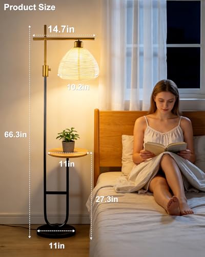 Image of 66IN Gold&Black Dimmable Floor Lamps with Storage Table, Modern Standing Tall Lamp with Milky White Lampshade, Cross-Shaped Lamp Head and U-Pole Base Style for Living Room /Bedroom