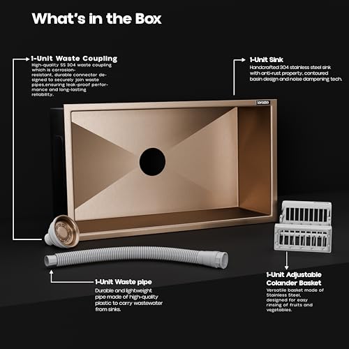 Image of Lustr Kitchen Sink 30x18 Inch - Copper | SS 304 Stainless Steel Kitchen Sink Single Bowl | Handmade Steel Sink for Kitchen with Strainer, Waste Pipe & Coupling | 20-Year Warranty