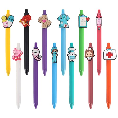 YYTECH Stylo Infirmiere 12 Pièces Stylos D'infirmière Mignons, Encre Noir Stylo Bille Rétractable 0,5 mm Amusants Coloré stylo de dessin animé pour infirmières,...