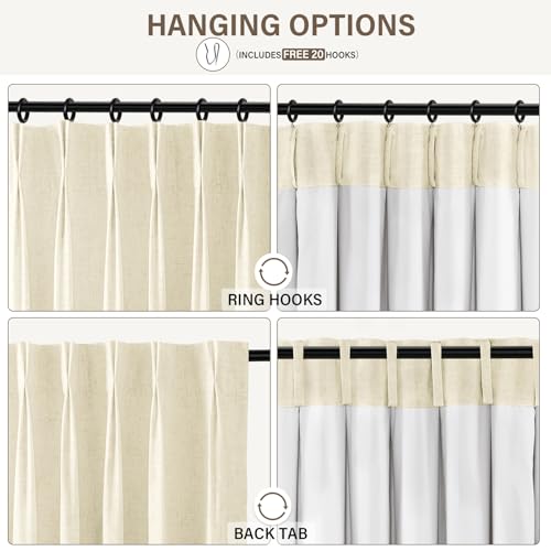 Pinch Pleated Blackout Curtains 86 Inch Long, Linen Blend, 100% Blackout Drapes with 20 Hooks, Ideal for Bedroom and Living Room, 40" W x 86" L (Pack of 2), Sand Beige