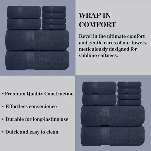 Image of Sulfar 100% Combed Cotton, 8 Pcs Towel Set - 2 Bath Towels (70 x 140 cm), 2 Hand Towels (40 x 70 cm) and 4 Washcloths (30 x 30 cm) (600 GSM, Pack of 8) Navy