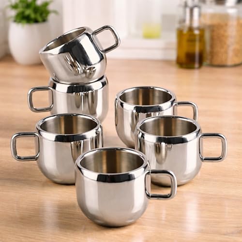 Image of Stainless Steel Tea Cups Set of 6 with Handle | Mirror Finish Chai Cups | 90ml Tea & Coffee Serving Cups Rust Resistant Double wall Apple Shaped (Silver)