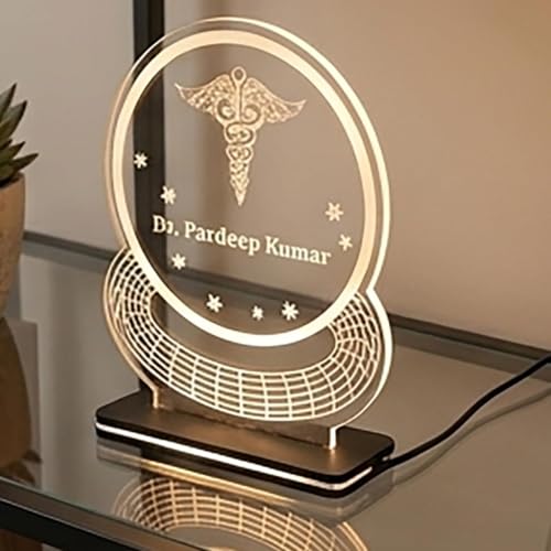 Image of Acrylic Laser Engraved Table Sign Stand For Doctor, For Dentist, For Advocate, For Lawyers, For Teacher, For Office, Acrylic LED Name Plate Signage 6 x 7 inch (Round Name Plate)