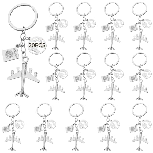 Porte-clés de voyage lot de 20 avec mini passeport globe et breloque avion argenté pour sac