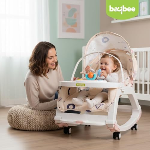 Image of Baybee 5 in 1 Baby Rocker and Feeding Chair for Babies | Portable Rocking Chair for Kids with Parent Handle, Multi Position Recline, Food Tray & Music | Baby Bouncers 0 to 3 Years Boys Girls (Pink)