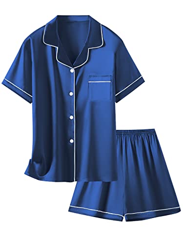 Image of Schbbbta Girls Womens Pajamas, Satin Silky Pjs Set Kids 2Pcs Button-Down Nightwear Sleepwear Gift for Mommy and me