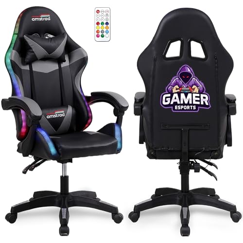 Amstrad AMS-900-LED-GAMER – Fauteuil Gaming Noir et Gris – Serigraphie Gamer – Eclairage LED 366 Effets – Télécommande