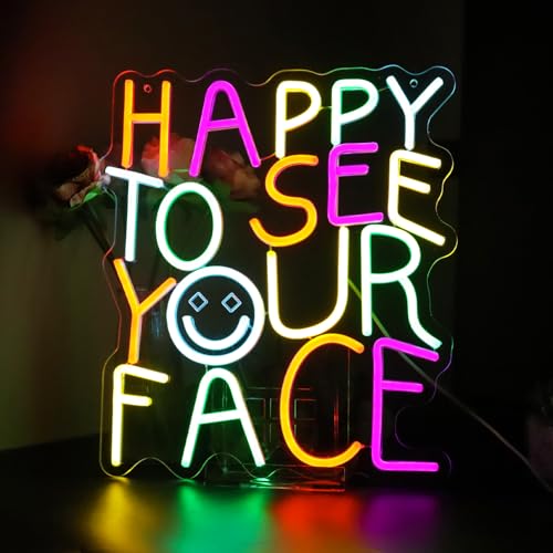 Image of Happy to See Your Face Neon Sign for Kindergarten - Dimmable Multicolor Welcome Light with Wired Controller, 14.2x12.6 in, Includes 4 Wall Anchors - Teacher Appreciation Gift