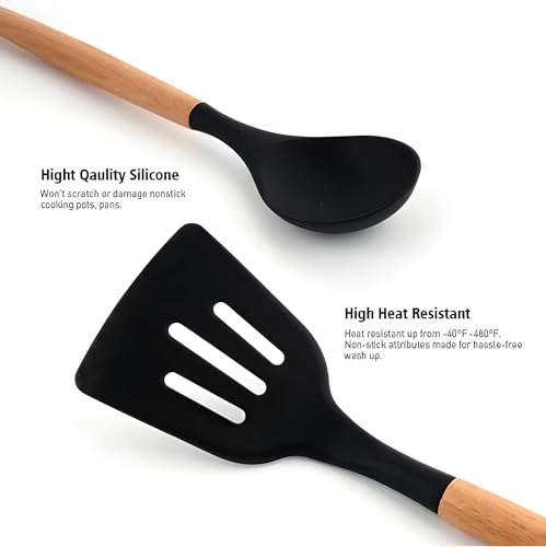 Image of Silicone Spatula Set, Spatula Set with Wooden Handle for Cooking and Mixing, for Non Stick Pan, Kitchen Tools Set of (3, Black)