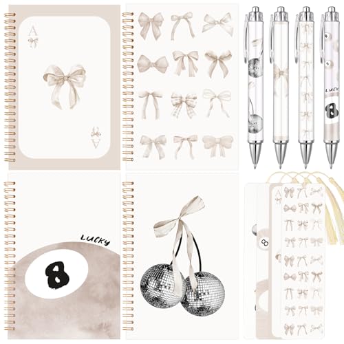 MotiMind 12 Pcs Coquette Bow Stationery Set Gifts, A5 Spiral Notebooks Coquette Aesthetic Ruled Notebooks with Ballpoint Pens Bookmarks for Back to School Office Classroom Prize Suffers(Beige)