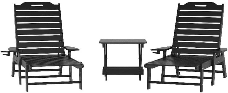 Pemberly Row 3 Piece Adirondack Furniture Set, Black Finish HDPE, Includes 2 Adjustable Reclining Loungers with Cup Holders and Folding Side Table, Indoor/Outdoor Use, Durable Weather-Resistant Patio