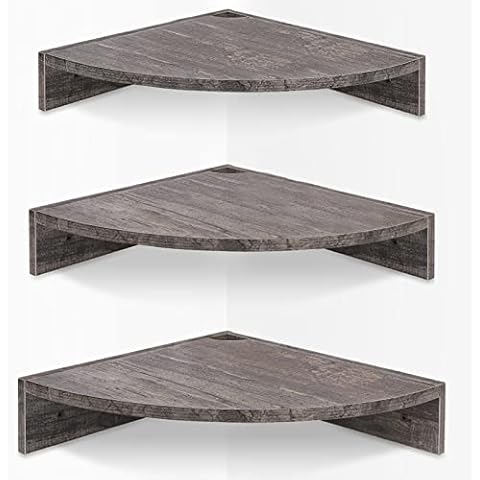Homode Corner Floating Shelves, Set of 3 Corner Wall Shelves for Storage and Display, 3 Tier Wood Hanging Shelf Organizer for Cable Box, for Bedroom, Bathroom, Kitchen, Rustic Grey Cover