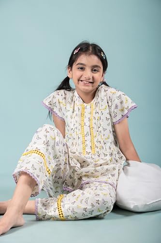Image of Tweeny Mini Girls Kids Pure Cotton Nightsuit | Nightwear | Sleepwear | Nightdress with Pajama and Halfsleeve Top Cute Butterfly Printed with Eye Mask