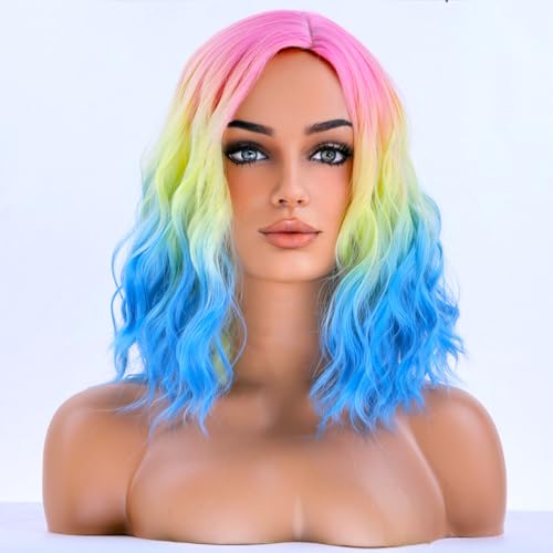 Image of BERON Rainbow Colored Wigs for Women Short Curly Wavy Girls Hair Wigs 14 Inch Ombre Multi Color Synthetic Hair Wig for Daily or Cosplay Use