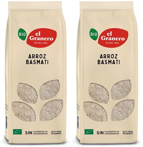 El Granero Integral - Arroz Basmati Ecológico - Grano Largo y Aromático - Ideal para Platos Orientales y Guarniciones - Apto para Veganos - 500 g (Paquete de 2)
